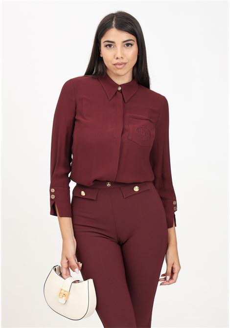 Elegant burgundy women's shirt in georgette with logo patch ELISABETTA FRANCHI | CA09146E2CG3
